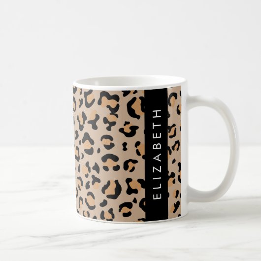 Leopard Print, Spots, Brown Leopard，あなたの名前 コーヒーマグカップ (右)