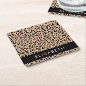 Leopard Print, Spots, Brown Leopard,あなたの名前 スクエアペーパーコースター (アングル)