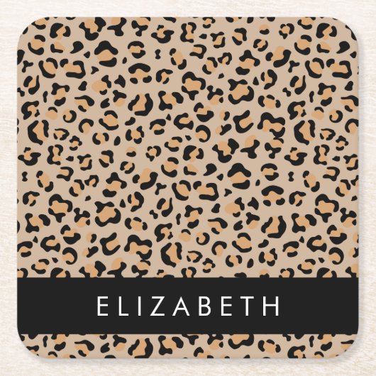 Leopard Print, Spots, Brown Leopard，あなたの名前 スクエアペーパーコースター (正面)