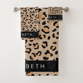 Leopard Print, Spots, Brown Leopard，あなたの名前 バスタオルセット
