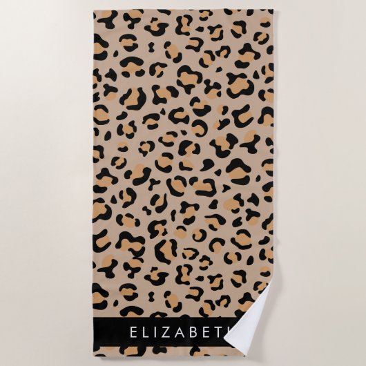 Leopard Print, Spots, Brown Leopard,あなたの名前 ビーチタオル (正面)