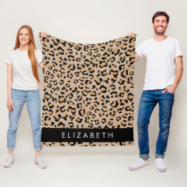Leopard Print, Spots, Brown Leopard，あなたの名前 フリースブランケット