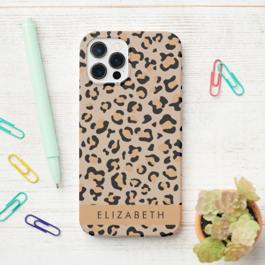 Leopard Print, Spots, Brown Leopard，あなたの名前 iPhoneケース (デスク上)