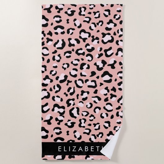 Leopard Print、Spots、Pink Leopard、お名前 ビーチタオル (正面)