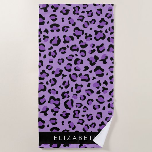 Leopard Print、Spots、Purple Leopard、お名前 ビーチタオル (正面)