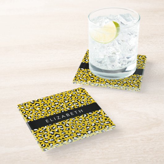 Leopard Print, Spots, Yellow Leopard,あなたの名前 ガラスコースター (アングル)