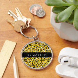 Leopard Print, Spots, Yellow Leopard，あなたの名前 キーホルダー