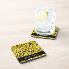 Leopard Print, Spots, Yellow Leopard，あなたの名前 コースター