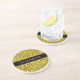 Leopard Print, Spots, Yellow Leopard，あなたの名前 コースター