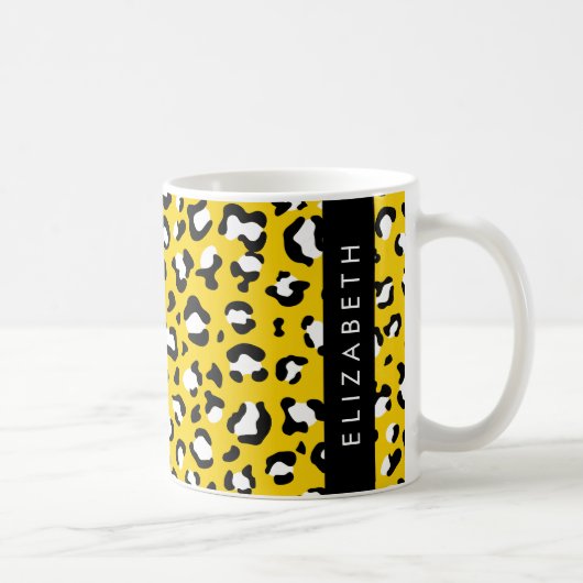Leopard Print, Spots, Yellow Leopard，あなたの名前 コーヒーマグカップ (右)