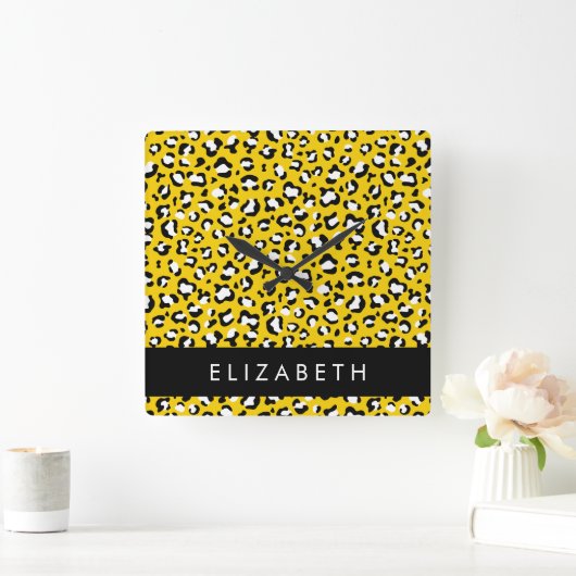 Leopard Print, Spots, Yellow Leopard,あなたの名前 スクエア壁時計 (ホーム)