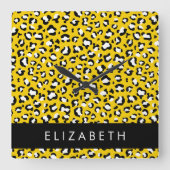 Leopard Print, Spots, Yellow Leopard,あなたの名前 スクエア壁時計 (正面)