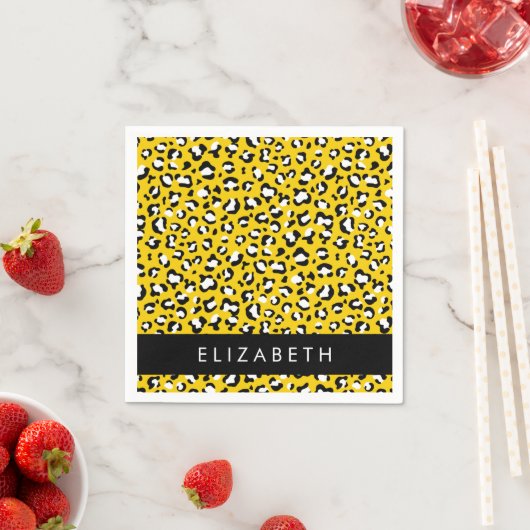 Leopard Print, Spots, Yellow Leopard，あなたの名前 スタンダードカクテルナプキン (インサイチュ)