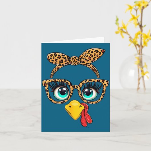 Leopard Print Thanksgiving Funny Turkey Face Gles カード (黄色い花)