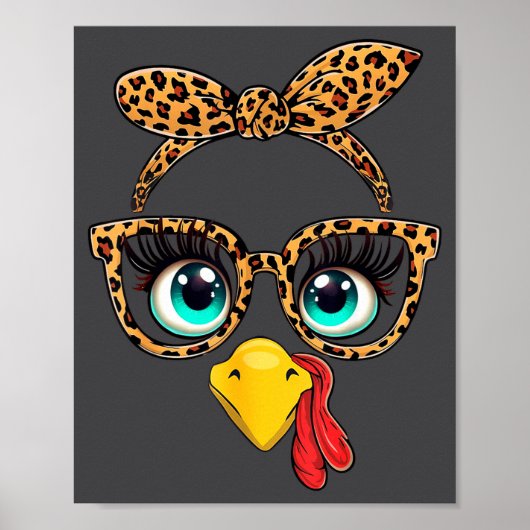 Leopard Print Thanksgiving Funny Turkey Face Gles ポスター (正面)