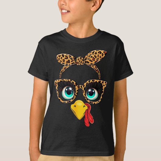 Leopard Print Thanksgiving Funny Turkey Face Gles  Tシャツ (正面)