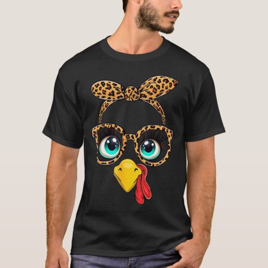 Leopard Print Thanksgiving Funny Turkey Face Gles  Tシャツ (正面)