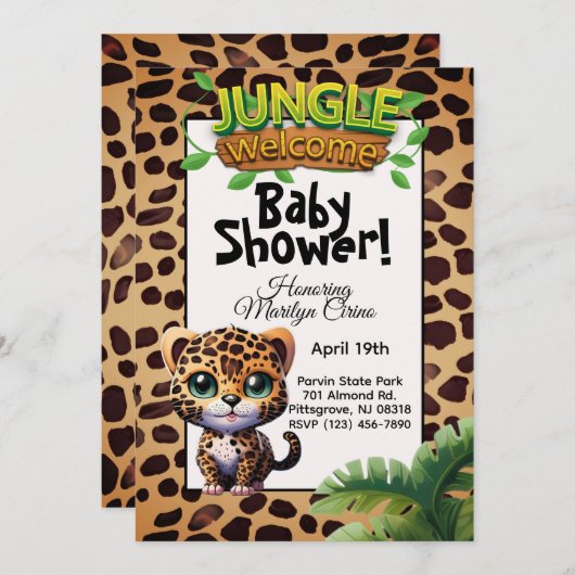 Leopard Print Wildlife Kitty Cat Baby Shower 🐆 招待状 (正面/裏面)
