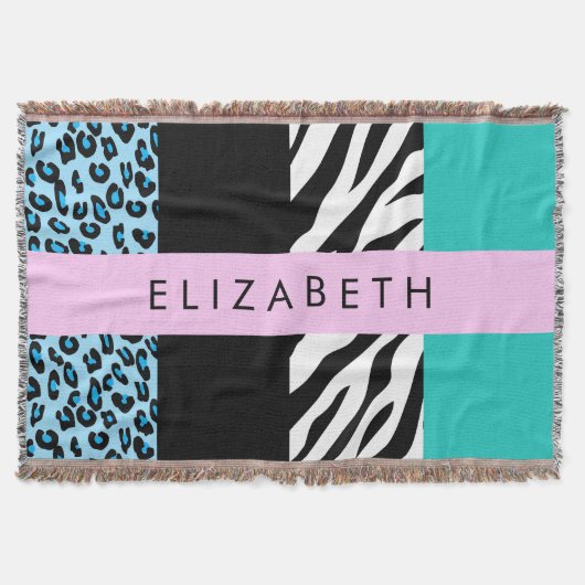 Leopard Print、Zebra Print、Blue、Your Name スローブランケット (正面)