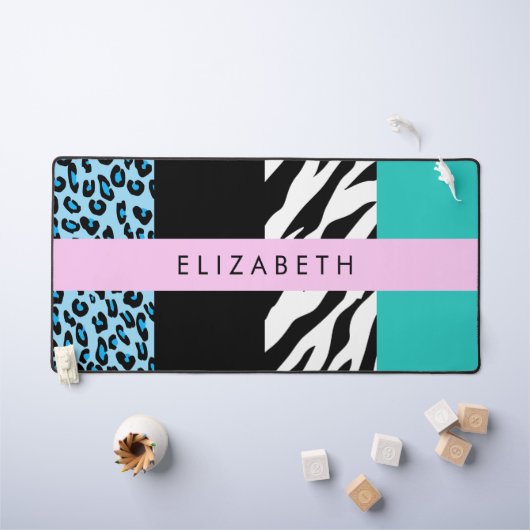 Leopard Print、Zebra Print、Blue、Your Name デスクマット (キッズテーブル)