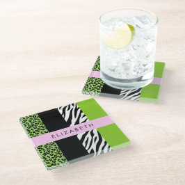 Leopard Print、Zebra Print、Green、Your Name ガラスコースター