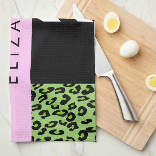 Leopard Print、Zebra Print、Green、Your Name キッチンタオル (四つ折り)