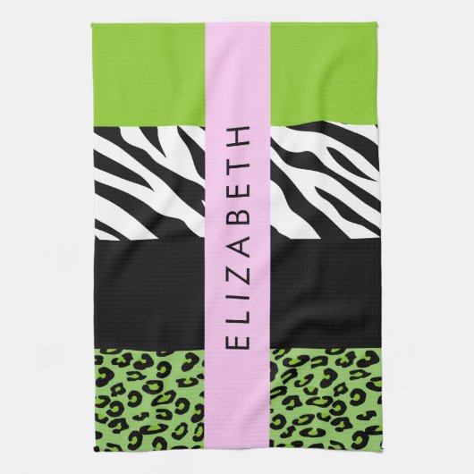 Leopard Print、Zebra Print、Green、Your Name キッチンタオル (縦)