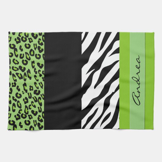 Leopard Print、Zebra Print、Green、Your Name キッチンタオル (横)