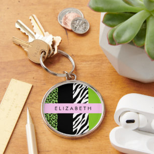 Leopard Print、Zebra Print、Green、Your Name キーホルダー