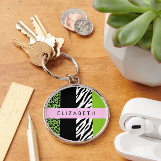 Leopard Print、Zebra Print、Green、Your Name キーホルダー (デスク)