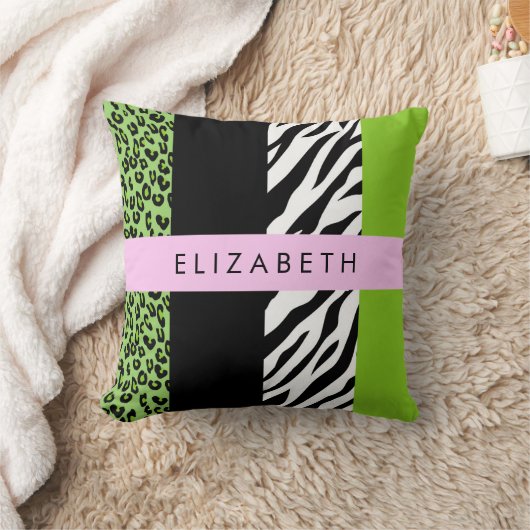 Leopard Print、Zebra Print、Green、Your Name クッション (ブランケット)