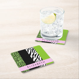 Leopard Print、Zebra Print、Green、Your Name スクエアペーパーコースター