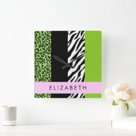 Leopard Print、Zebra Print、Green、Your Name スクエア壁時計