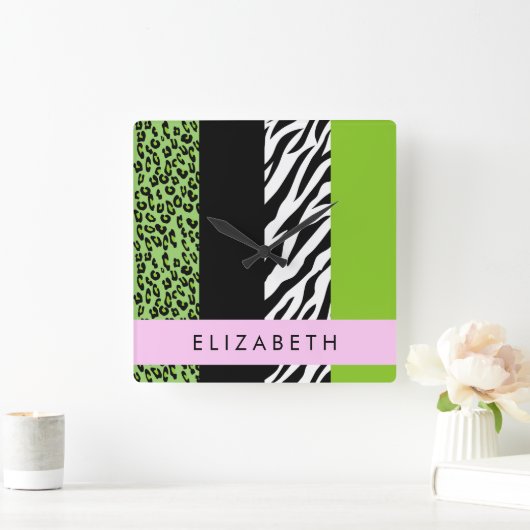 Leopard Print、Zebra Print、Green、Your Name スクエア壁時計 (ホーム)