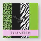 Leopard Print、Zebra Print、Green、Your Name スクエア壁時計 (正面)