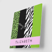 Leopard Print、Zebra Print、Green、Your Name スクエア壁時計 (傾斜)