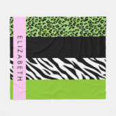Leopard Print、Zebra Print、Green、Your Name フリースブランケット (正面(横))