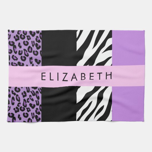 Leopard Print、Zebra Print、Purple、お名前 キッチンタオル (横)