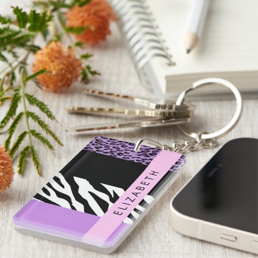 Leopard Print、Zebra Print、Purple、お名前 キーホルダー (正面右)