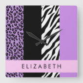 Leopard Print、Zebra Print、Purple、お名前 スクエア壁時計 (正面)