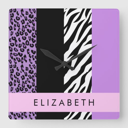 Leopard Print、Zebra Print、Purple、お名前 スクエア壁時計 (正面)