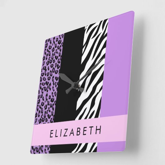 Leopard Print、Zebra Print、Purple、お名前 スクエア壁時計 (傾斜)