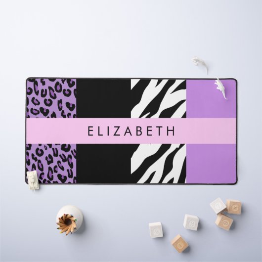 Leopard Print、Zebra Print、Purple、お名前 デスクマット (キッズテーブル)