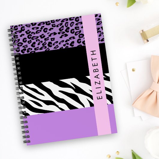 Leopard Print、Zebra Print、Purple、お名前 ノートブック