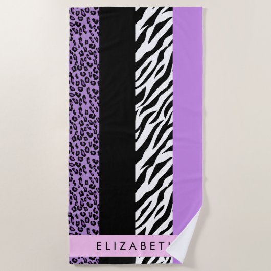 Leopard Print、Zebra Print、Purple、お名前 ビーチタオル (正面)