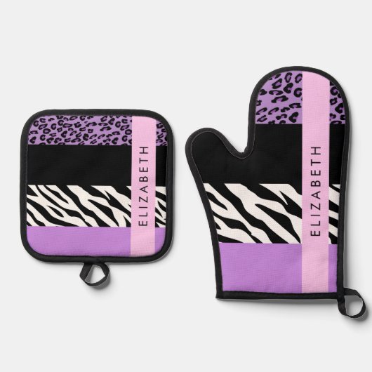 Leopard Print、Zebra Print、Purple、お名前 鍋つかみ&鍋敷きセット (正面)