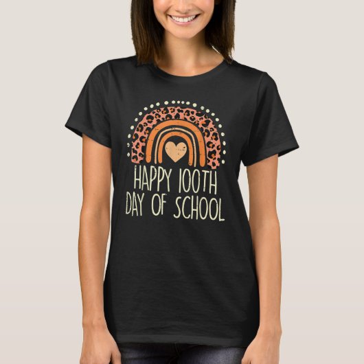 Leopard Rainbow Happy 100th Day School Cute 100 Da Tシャツ (正面)