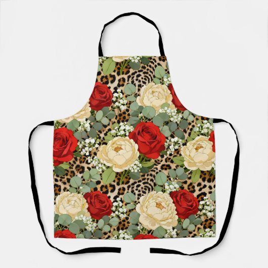 Leopard & Red Rose Pattern - Chic Floral Animal エプロン (正面)