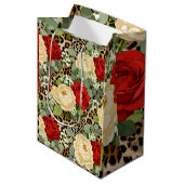 Leopard & Red Rose Pattern - Chic Floral Animal ミディアムペーパーバッグ (正面アングル)