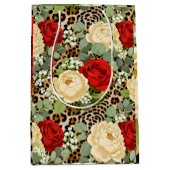 Leopard & Red Rose Pattern - Chic Floral Animal ミディアムペーパーバッグ (正面)
